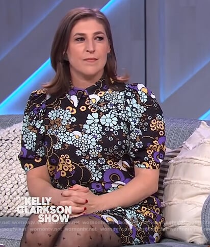 Mayim Bialik's black floral print dress on The Kelly Clarkson Show