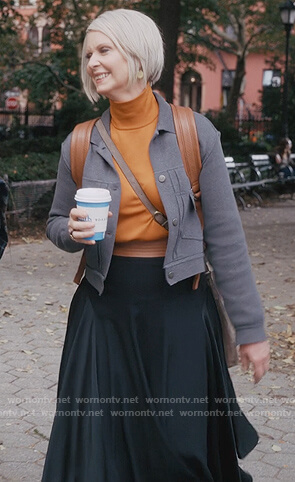 Miranda's gray jacket and asymmetric skirt on And Just Like That