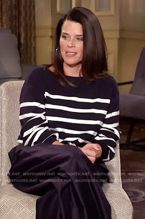 Neve Campbell's navy stripe sweater on The Drew Barrymore Show