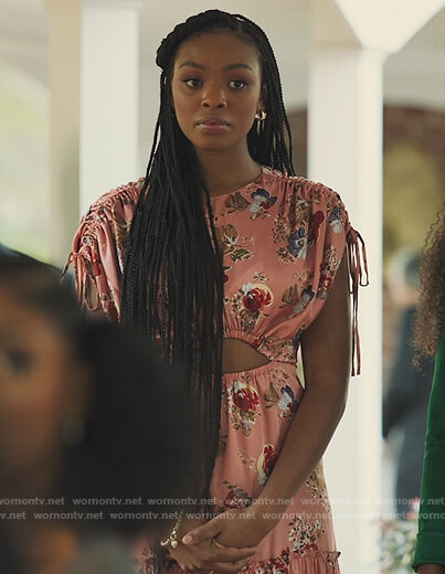 Nikki's pink floral ruched dress on Our Kind of People