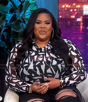 Nina's black and white printed top on E! News Nightly Pop