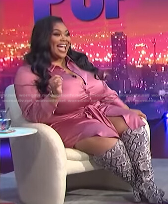 Nina's pink tie waist satin shirtdress on E! News Nightly Pop