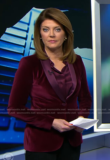Norah's purple velvet blazer on CBS Evening News