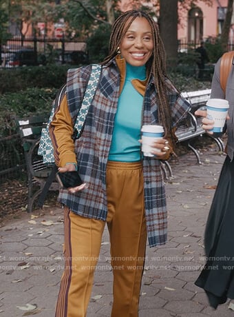 Nya's blue plaid jacket on And Just Like That
