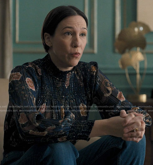 Olivia's navy floral and peacock print blouse on Single Drunk Female