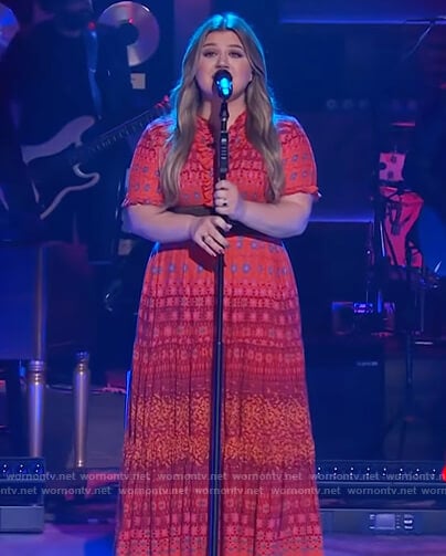Kelly's red printed maxi dress on The Kelly Clarkson Show