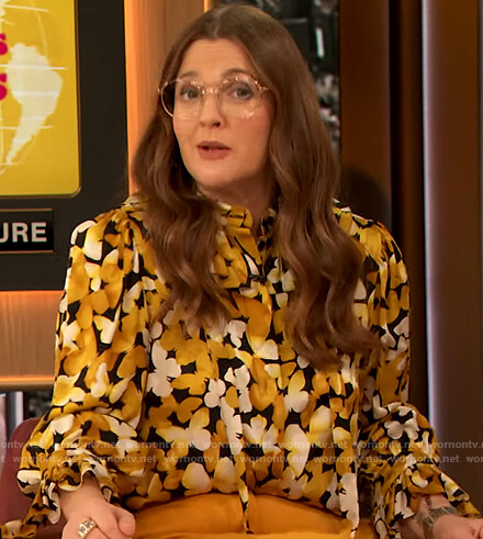 Drew's butterfly print blouse on The Drew Barrymore Show