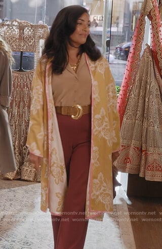 Seema's yellow floral print coat on And Just Like That