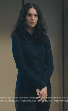 Rian's navy ribbed polo cardigan on Billions