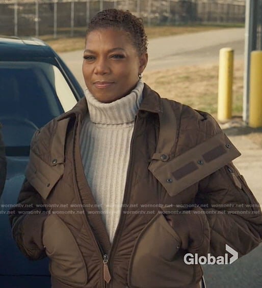 Robyn's brown quilted bomber jacket on The Equalizer