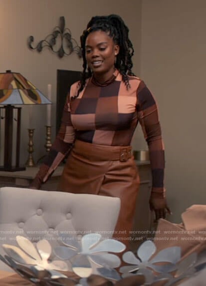Sabrina's checked top and leather wrap skirt on Tyler Perrys Sistas