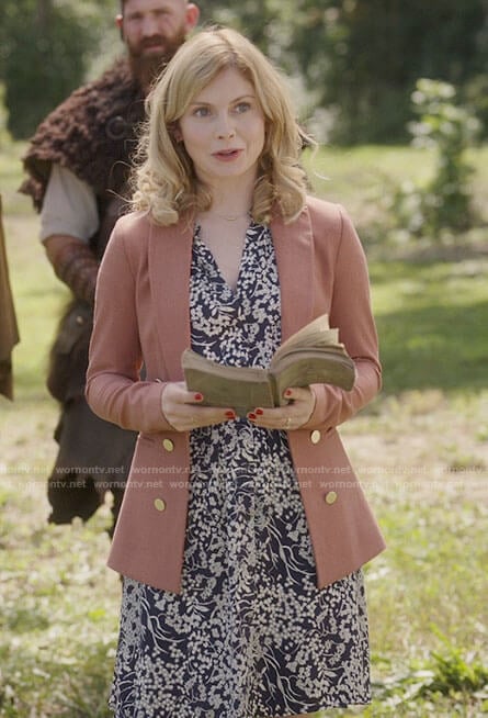 Sam's navy floral dress and pink blazer on Ghosts
