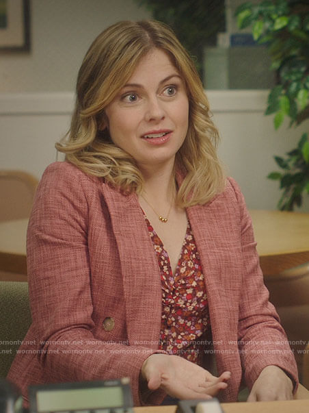 Sam's floral top and pink blazer on Ghosts