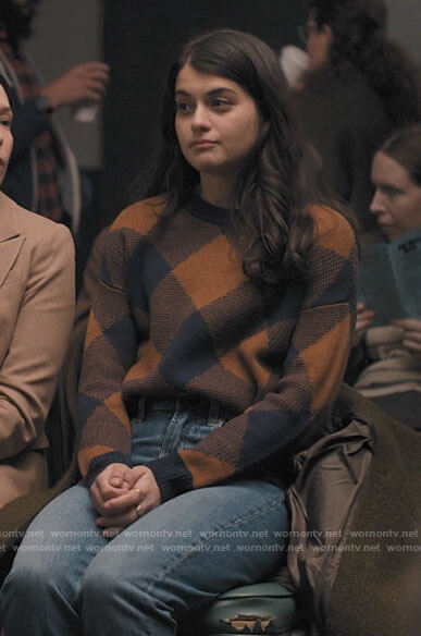Sam's tan and navy checked sweater on Single Drunk Female