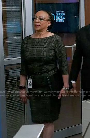 Sharon's grey plaid sheath dress on Chicago Med