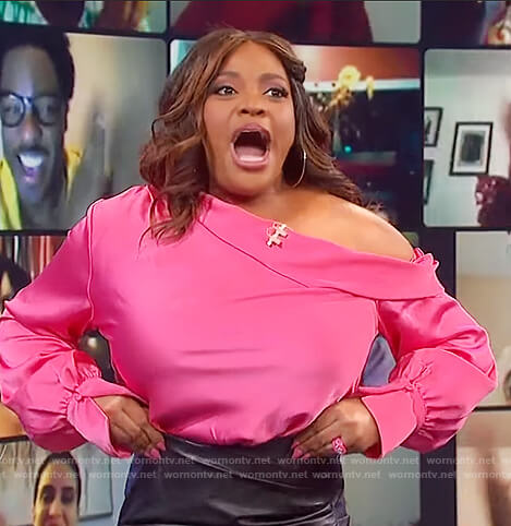 Sherri's pink satin off shoulder top on The Wendy Williams Show