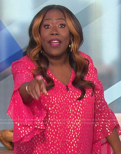 Sheryl's pink metallic flutter sleeve blouse on The Talk