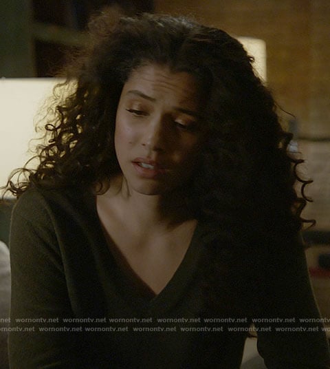 Stella's olive green v-neck sweater on Chicago Fire