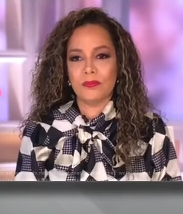 Sunny's white silk printed tie neck blouse on The View