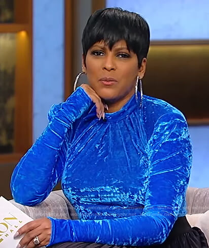 Tamron's blue crushed velvet top and skirt on Tamron Hall Show