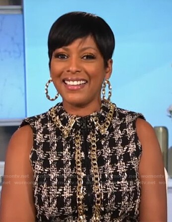 Tamron's black chain detail tweed dress on Tamron Hall Show