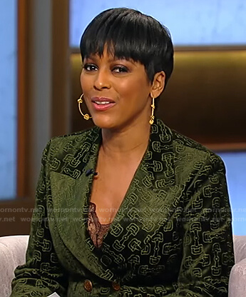 Tamron's green horsebit print blazer and pants on Tamron Hall Show