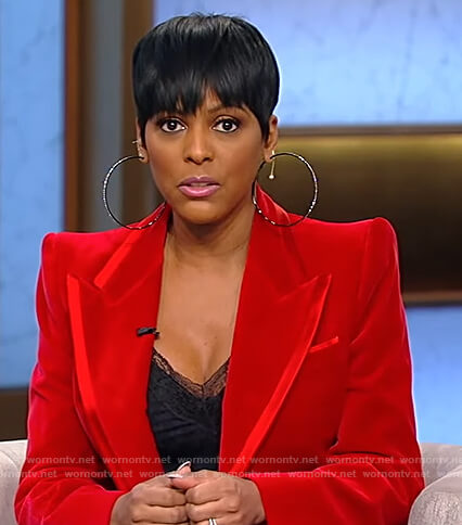 Tamron's red velvet blazer on Tamron Hall Show