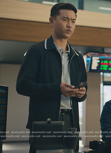 Ben Kim's black stripe collar jacket on Billions