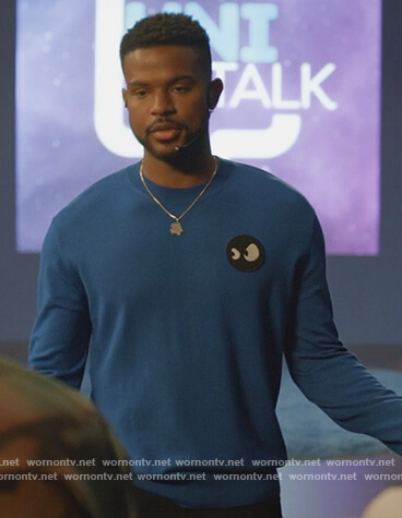 Aaron's blue printed sweatshirt on Grown-ish