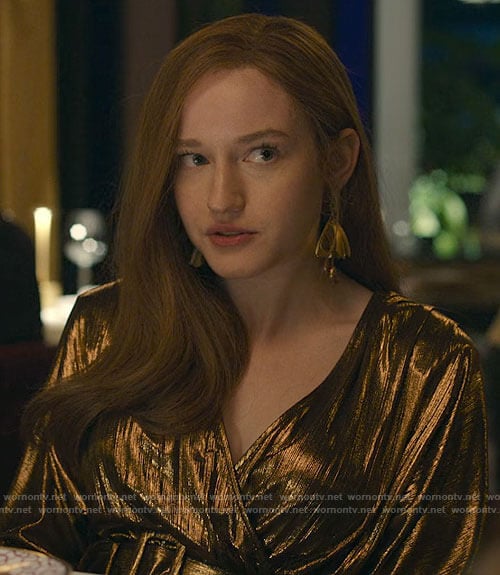 Anna's gold belted midi dress at dinner in Morocco on Inventing Anna