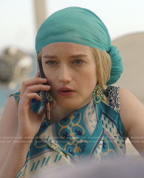 Anna's turquoise scarf print top on Inventing Anna