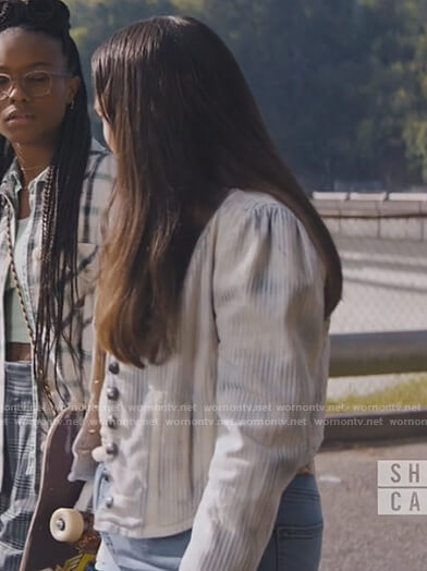 Annabelle's blue stripe military jacket on Naomi