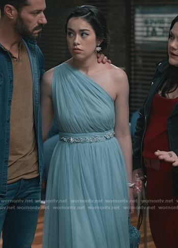 Annie's blue tulle one shoulder dress on Sweet Magnolias