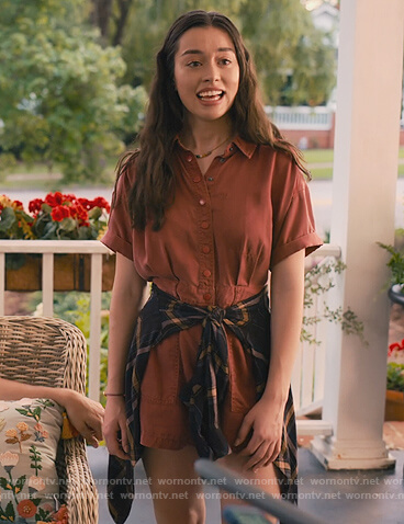 Annie's brown button down romper on Sweet Magnolias