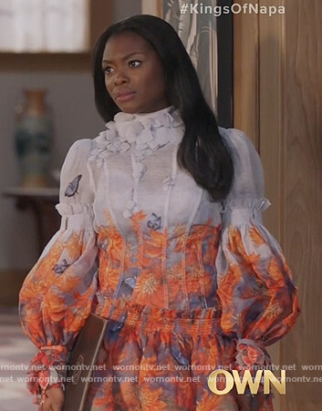 August's floral print ruffled dress on The Kings of Napa