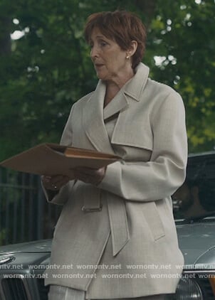 Caroline's beige wrap jacket on Killing Eve