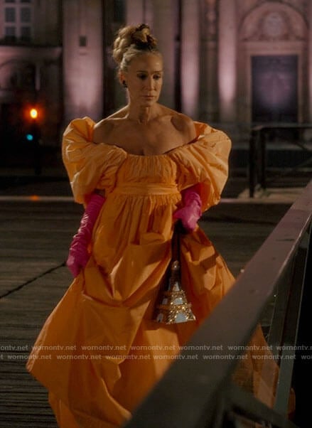 Carrie's orange gown in Paris and Eiffel Tower bag on And Just Like That