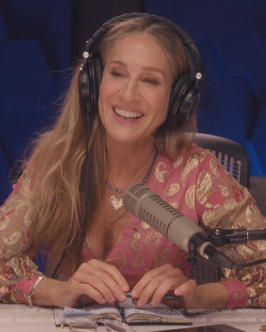 Carrie's pink metallic paisley gown on And Just Like That