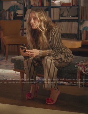 Carrie's black contrast trim coat on And Just Like That