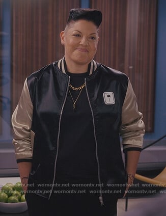 Che's palm patch colorblock bomber jacket on And Just Like That