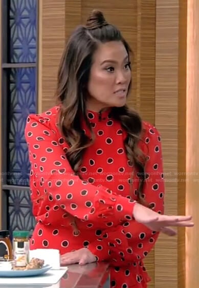 Dr. Pimple Popper Sandra Lee's red polka dot dress on Live with Kelly and Ryan
