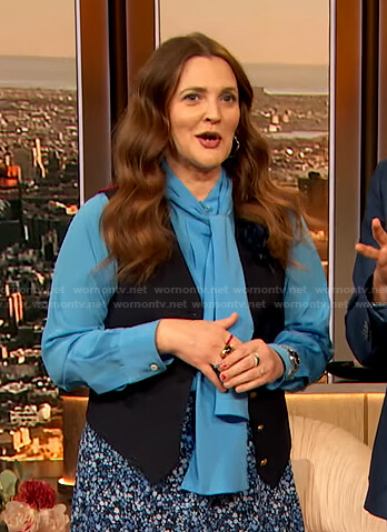 Drew's blue tie neck blouse onDrew Barrymore Show