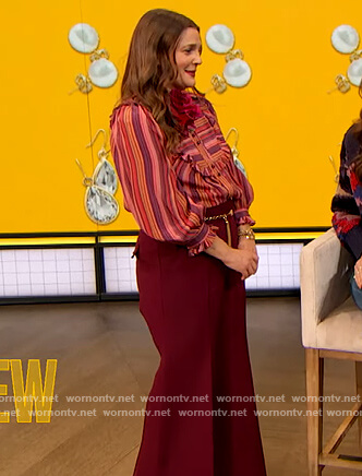 Drew's pink stripe ruffle blouse on The Drew Barrymore Show