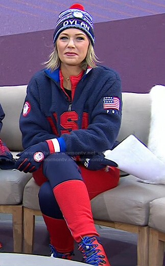 Dylan's navy USA fleece top and leggings on Today