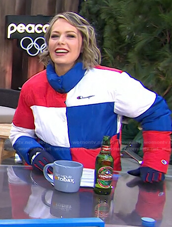Dylan's red, white and blue colorblock puffer jacket on Today