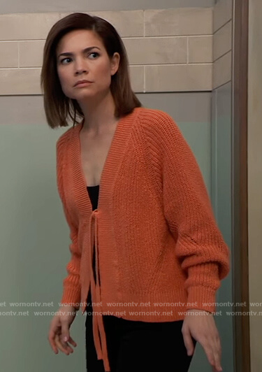 Elizabeth's orange tie front cardigan on General Hospital