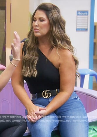Emily's black one shoulder tie top on The Real Housewives of Orange County
