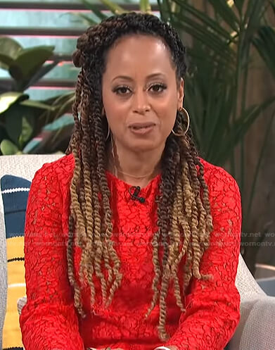 Essence Atkins's red floral lace top on E! News Daily Pop