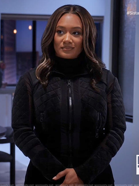 Fatima's black quilted velour track suit on Tyler Perrys Sistas