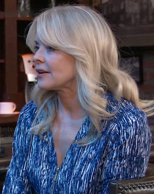 Felicia's blue printed zip front top on General Hospital